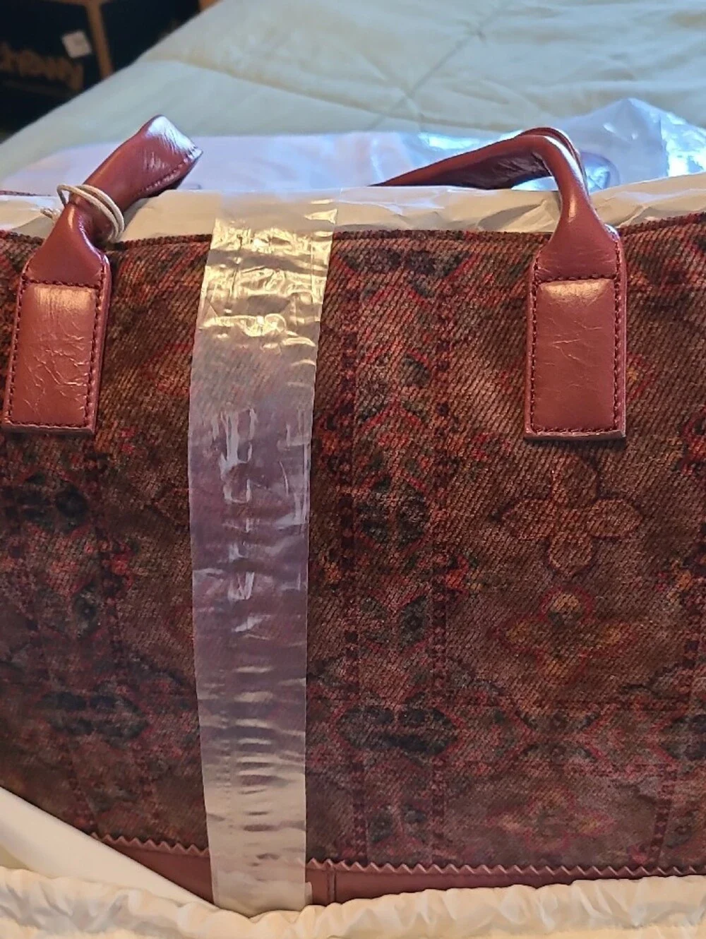 HOBO Brown & Burgundy Patterned Tote with Leather Handles